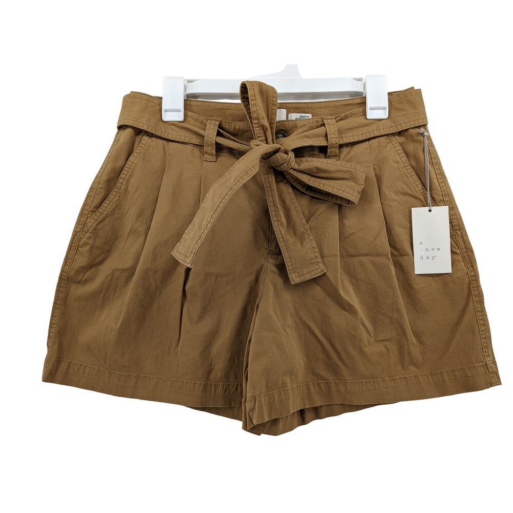 A New Day Shorts 2 Brown Pleat Front High Rise Casual Fit Staple Tie Belt Staple